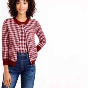 J. Crew Featherweight Knit Cardigan Checkered Cashmere 2pc Set Burgundy Maroon